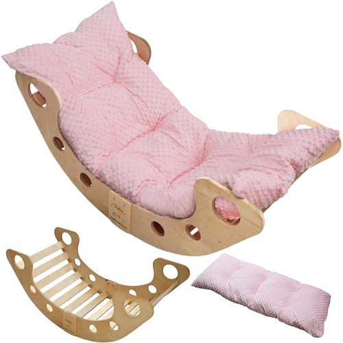 Skyline Kletterbogen mit Kissen Baby Kleinkind Kinder ab 1 Jahr Indoor Klettern Montessori Klettergerüst Holz Wippe Balancewippe Kletterdreieck Kletterwippe Holzwippe Kletterling Holzbogen L Rosa