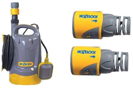 HOZELOCK - Submersible Flood Pumps Flowmax 7500 : for Clear or Dirty Water, Fully Equipped & Hose Connector Plus ø 12.5mm - 15mm (1/2- 5/8) Soft Touch x2 : Watertight, Non-Slip, Flexible