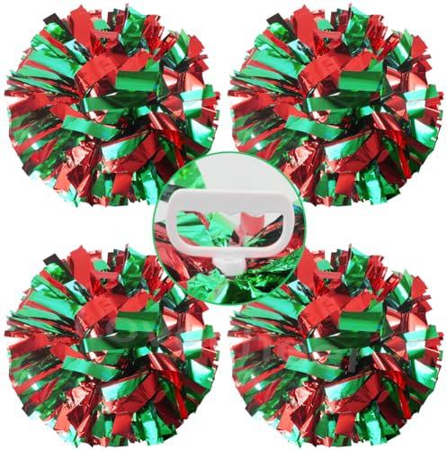 Lovecheer 4 x rote und grüne Pompons, Cheerleading mit Griff, metallisch, Cheerleading-Pompons, Teamgeister, Sport, Cheering Squad, Tanztraining, 4 Stück