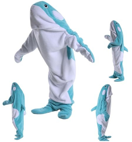 Wearable Hai Decke Hoodie Strampler Erwachsener, Hai Strampler Decke Karikatur Tiere Einteilig Kuscheldecke, Niedlich Lustig Hai Flanell Hoodie,Blue Whale-for Height 61-67/155-170CM