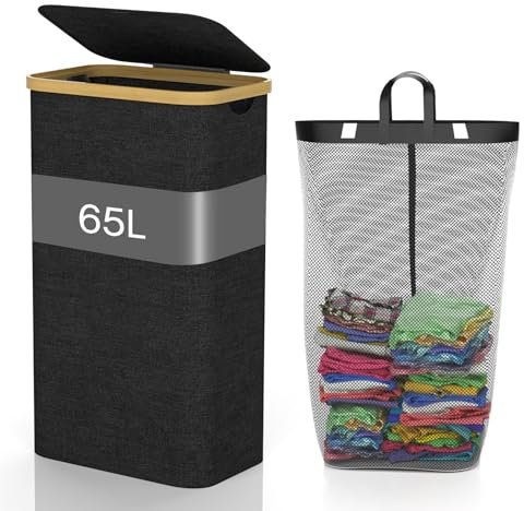 GLOWPOINT Cesta delgada para la ropa sucia de 65 litros con tapa, cesta plegable estrecha con bolsa interior extraíble, cesta de lavandería Oxford resistente al agua, contenedor delgado para
