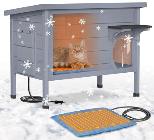 PETIMBER Heated Cat House for Outside - Wooden Outdoor Cat Houses for Outdoor Cats, Winter Outside Cat House Weatherproof, Warm Insulated Cat House for Feral Cats, with Heated Pad, Escape Door