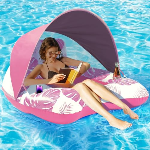 【Upgraded】Pool Floats for Adults with Canopy, XL Inflatable Floats for Adults Heavy Duty, Pool Chair and Lounge for Swimming Pool, Beach, Lake, Floating Crazy Float