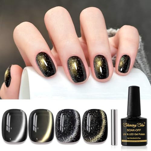 Shining She UV Nagellack Jelly Magnet CatEye - 4 Farben Kristalle Jelly Schwarz Glitzer Cat Eye Gel Soak-Off Set für Nagelkunst Maniküre Salon, 8ML