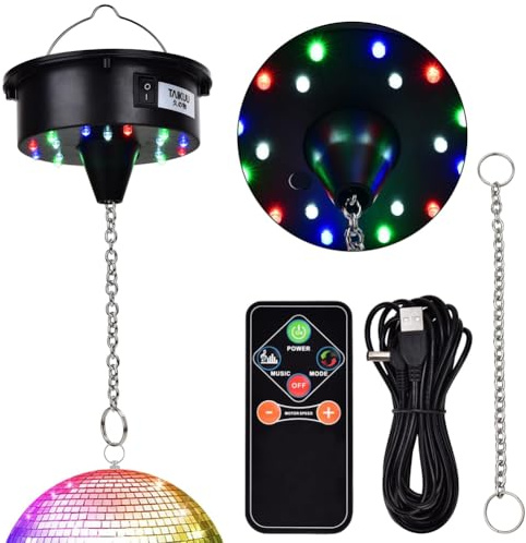 Bamberg Luces de Motor de Bola de Discoteca con Control Remoto, 3-15 RPM, Giratorio Ajustable, 18 LED para Motor de Bola de Espejo de 8, 10, 12, 16, 20 y 24 Pulgadas
