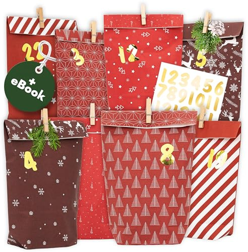AMARI Calendario de Adviento para rellenar, n.º 26, color rojo medianoche, 24 bolsas de papel (con pinzas de madera) para manualidades para Navidad, bolsas de papel de Navidad