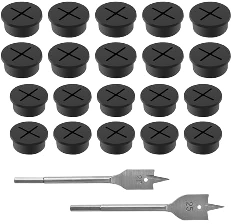 Pack of 20 Flexible Silicone Cable Grommets, 25 mm Cable Pass 20 mm Cable Hole Nozzles, with Drill Desk Feed-Through Suitable for Desk, Table, Other Furniture (Black)
