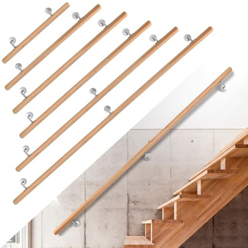 Hebitod Handlauf Buche Holz Treppengeländer, 150cm Geländer mit Wandhalterung, Rutschfester Holzhandlauf, Wand Treppe für Treppen, Gänge, Gartentreppen, Balkon, Dachböden