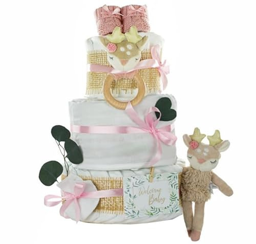 Windeltorte für Baby Mädchen | Greifling und Plüschtier Reh Ella, Musselintuch und Babybooties, Personalisierbar (3-stöckig, unbedruckt)