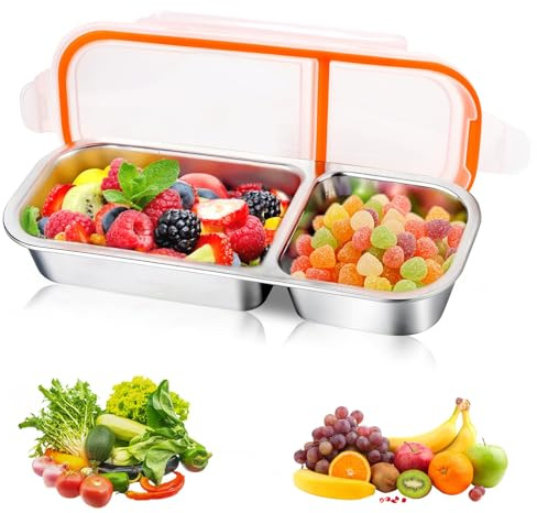 Encuryna Snackbox mit 2 Fächern, Edelstahl Snack-Behälter mit Fächern und Kunststoff-Deckel, wiederverwendbar, Lebensmittelaufbewahrung, Lunchbox, Tragbare Snack-Platten für Schule,Arbeit
