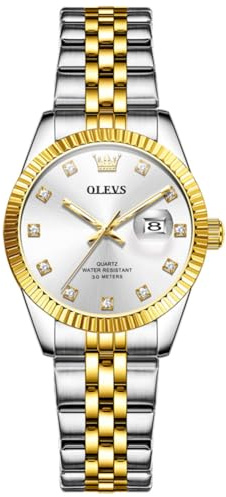 OLEVS Damen Armbanduhr Analog Quarz Wasserdicht Klassische Damenuhr Sliber Edelstahlarmband mit Datum Diamant Schlankes Design Geeignet für schmale Handgelenke