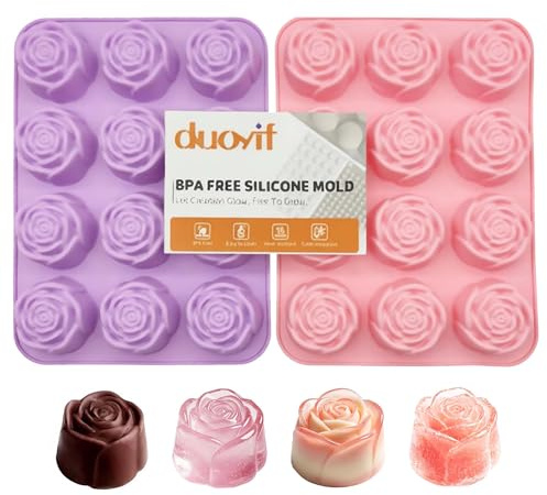 duoyif Molde Silicona Rosas Flores 12 Cavidades Ø 5.6 cm Molde Chocolate Forma Pralinas Sin BPA Antiadherente Moldes Flores Para DIY Chocolate Rosas Cubitos Hielo Mousse Golosinas (2 piezas)