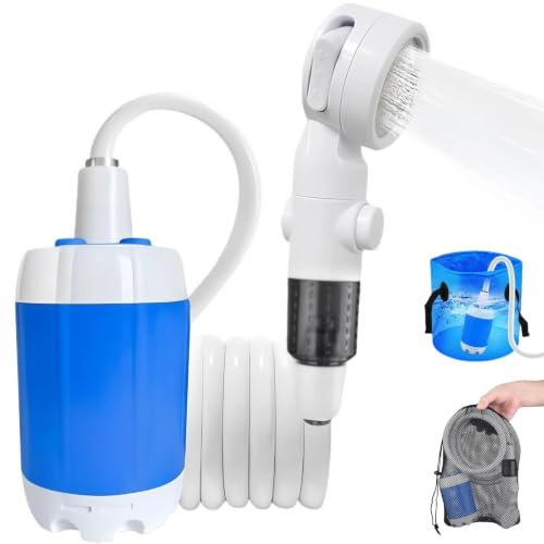 ZVD Pompe de Douche de Camping Portable Rechargeable, Kit Douche Électrique 4000 mAh, 2 Débits 3/5 L/Min, Vanne d'Arrêt d'eau, Filtre, Tuyau 205 cm, Sac de Rangement Inclus