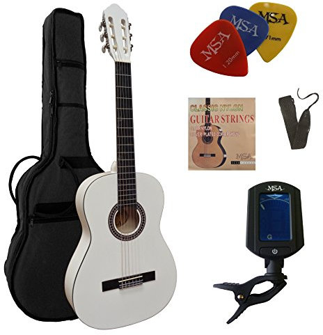 4/4 GITARRE - KONZERTGITARRE IM SET - CLASSIC - WEIß - DECKE LINDENHOLZ - TASCHE - BAND - SAITEN - 3xPIK - STIMMGERÄT ET33B - C26
