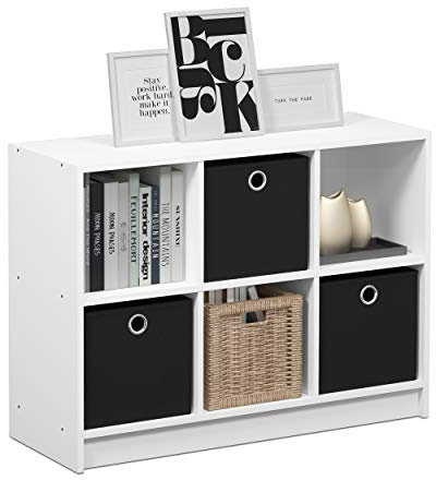 Furinno BASIC Book Shelf, 6-Cube Bookshelf, 3 x 2 Bookcase with Storage Bins, 11.9 x 31.6 x 23.6, for Living Room, Bedroom, Home Office, White/Black