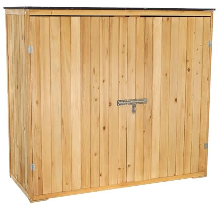 Wiltec Casetta porta attrezzi da giardino in legno color naturale, 136 x 127 x 58 cm, armadio da esterno a due ante, capanno per utensili e strumenti