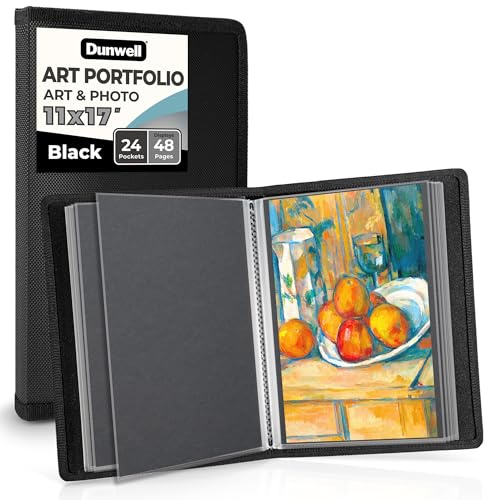 Dunwell Raccoglitore con carta di montaggio nera (nero), grande cartella per riporre opere d'arte, 24 custodie in plastica trasparente, 48 pagine, senza acidi, 28 x 43 cm, libro di presentazione