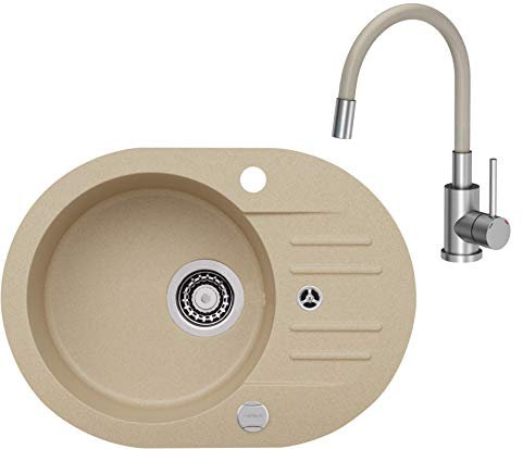 VBChome Spüle mit Armatur 58 x 42 cm Beige Spülbecken Granit Einbauspüle Küchenspüle gesprenkelt reversibel Drexexcenter Siphon Waschbecken Wasserhahn Küchenarmatur Einhebel Kalt-warm