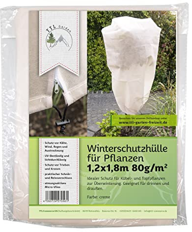 TTL Garden 120 x 180 cm Winterschutz Haube für Pflanzen 80g/m² beige - Premium Vlies Schutzhülle mit Reißverschluss, Frostschutz Haube für Kübelpflanzen Palmen Oliven - gegen Frost Wind Austrocknung