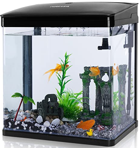 Nobleza - Acuario de Cristal 14L con Cubierta + Luces LED, Filtro Ecológico, 23x16x27.5 cm Visión Clara, Negro