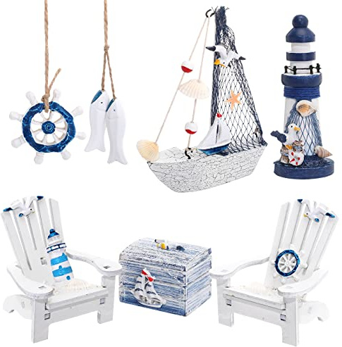 7 Pieces Wooden Box Wooden Lighthouse Mini Sailboat Anchor Fish Hanging Starfish Model Spring Summer Easter Tree Ornament Decoration Aquarium Decor Landscape Tank Ornament Office Mini Garden Landscape