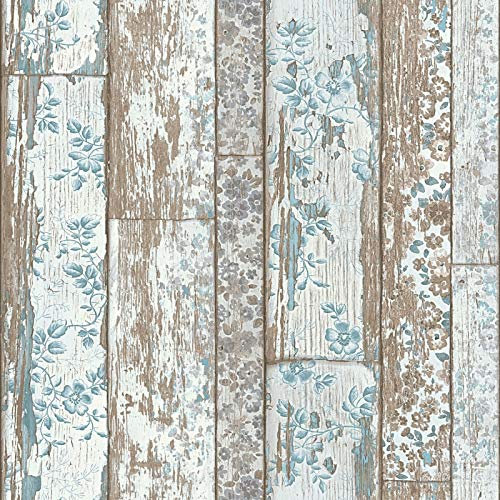Papier peint imitation bois turquoise & marron | Tapisserie bois marron & bleu motif feuille | Papier peint intissé salon & couloir | Large choix de papier peint