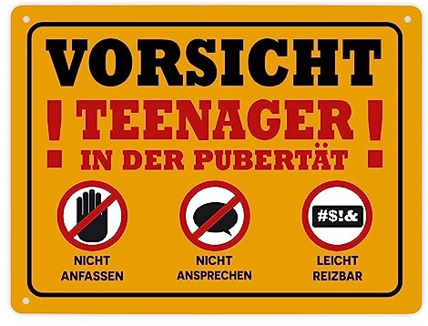 Vorsicht Teenager in der Pubertät Metallschild XL in 21x28 cm mit Warnhinweisen für Jugendliche zum Geburtstag die gerne ihre Ruhe haben und genervt sind