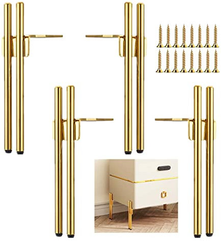 KMERCE 4 Pieds de Meubles Metal Doré Design, Pied Canapé de Rechange Chic Elégant, Pied pour Table Basse de 15cm, Meuble TV, Armoire Salle de Bain, Protection du Sol+Base Silencieuse Antidérapante