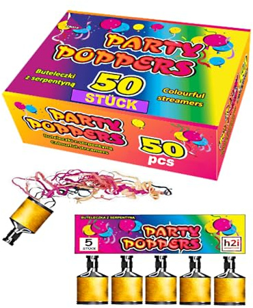 h2i Schampus Party Knaller mit Knall und bunten Luftschlangen - 50 Stück - Indoor geeignet - der Klassiker - Party-Spaß für jung und alt + h2i Sticker (50 Stück)
