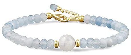COAI Bracciale da Donna Con Perline Sfaccettate di Pietra Naturale Acquamarina e Perla di Pietra di Luna
