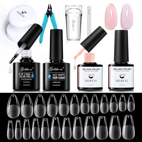Gelike ec Nail Tips and Glue Gel Kit - 6 in 1Nagelkleber and Top Coat 240pcs Soft Gel Full Cover Nageltips 2pcs Nagellack Nagelstempel Nagelknipser und Nagellampe-Medium Almond&Ballerina