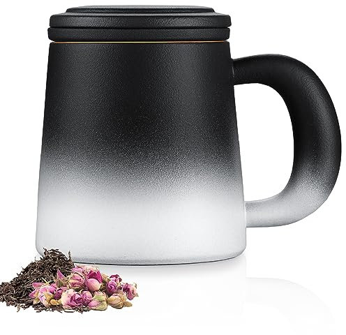 ecooe Taza de té con Filtro y Tapa, 420ml En Blanco y Negro Taza de Te Cerámica Grande Taza de con colador de Té de Acero inoxidable con Asa(Capacidad completa)