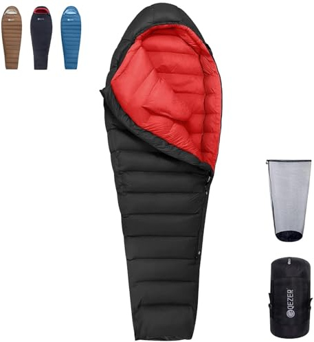 QEZER Sacco a pelo invernale -3 ~ -12℃【1560g】Sacco a pelo in piuma, piumino premium 650+FP, compatto, caldo, adatto per campeggio, escursionismo e alpinismo in 4 stagioni (nero - cerniera sinistra)