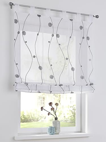Nelly grau Raffrollo mit Schlaufen modern Bestickt Raffgardine halbtransparent, Polyester, pflegeleicht, B x H 45 x 140 cm