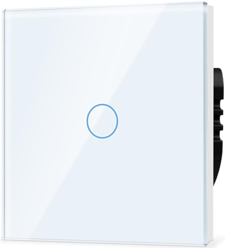 TAWOIA Normaler Lichtschalter, Wandlichtschalter, Standard 110 V-240 V, 86 x 86 mm Gehärtete Kristallplatte mit LED Hintergrundbeleuchtung 1 Fach 2 Weg Touch Lichtschalter,1000W,Weiß