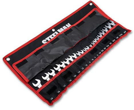 Steelman Juego de llaves combinadas de 21 piezas con rollo de almacenamiento, métricas y SAE, 12 puntos, 1/4-3/4 pulgadas y 8-19 mm (82576)