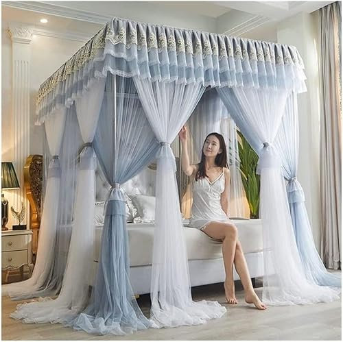 4 Ecken Pfosten-Himmelbett-Vorhang, Prinzessin, bestickte Spitze, Rüschen, Betthimmel, Betthimmel-Vorhang für Mädchen und Erwachsene, Doppellagiges, durchsichtiges Mesh-Moskitonetz