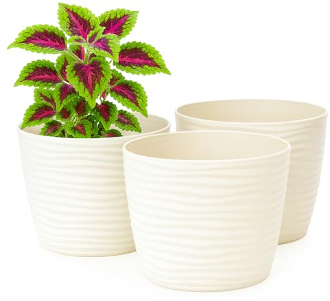 Home Garden Ornaments Plant Pots Indoor – Set of 3 Plastic Flower Pots, Unique Wave Design, No Drainage Holes, Indoor Plant Pot for Modern Home Décor (Cream, 27cm / 10.6 inch)