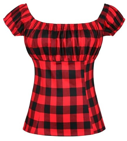 Camicetta da Donna Casual Punk Harajuku retrò con Maniche a Sbuffo Blusa Streetwear Stampa a Quadretti Estivi Donna Anni '50 Anni '60 Pinup in Cotone Stampa a Quadri-M