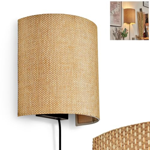 Wandleuchte Viadores, Wandlampe aus Metall/Bast in Schwarz/Natur, Leuchte im Boho-Design, Wandleuchte mit Stecker und Schalter, abnehmbares Kabel, UP & Down Lichteffekt, 1 x E27, ohne Leuchtmittel