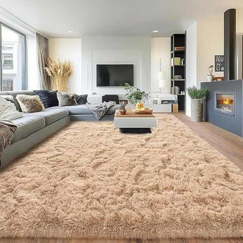 BSGIFT Flauschiger Hochflor Teppich Beige 200x300 - Teppich rutschfest für Wohnzimmer Schlafzimmer Kinderzimmer - Modern Wohnzimmerteppich Bettvorleger, Shaggy Langflor Fellteppich