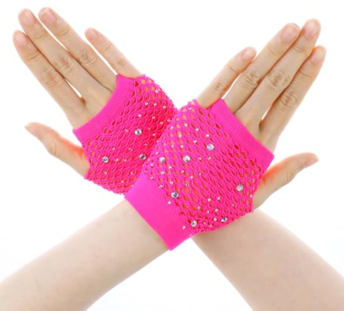 Lusofie Guanti a Rete Corti in Nylon con Strass Accessori per Feste da Ragazza Anni '80 Guanti Senza Dita Donna Eleganti per Cosplay Costumi per Feste a Tema Halloween Performance Maniche a Rete