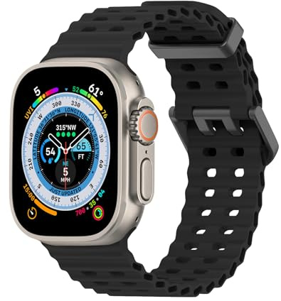 Lobnhot Ocean Strap Compatible with Apple Watch Ultra 2 / Ultra 49mm 45mm 44mm 42mm Women Men, Silicone Sports Strap Replacement for iWatch Ultra 2 Series 9 8 7 6 5 4 3 2 1 SE, Black
