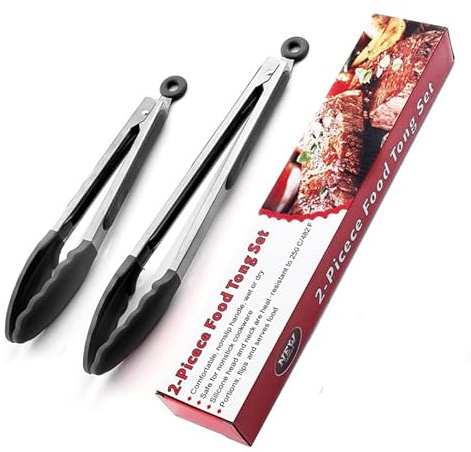 Thapncow Lot de 2 pinces de cuisine résistante à la chaleur, Pince Cuisine Professionnel, Pince Cuisine Silicone, En acier inoxydable épais et embouts en silicone sans BPA, Noir