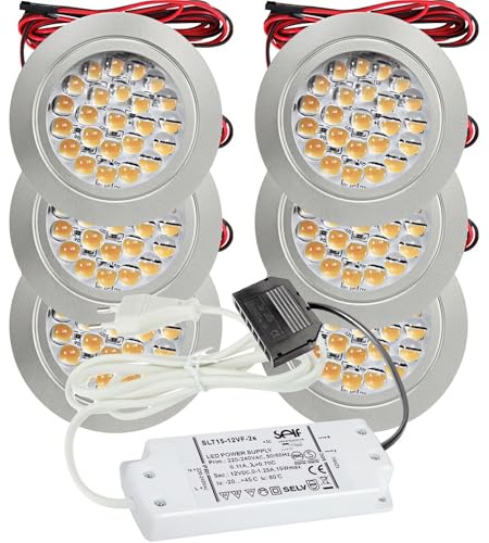 6er Set LED Möbel Einbauleuchten 12V ultra flach 2.4W Einbauleuchten Mira 190lm mit LED Trafo und 230V Zuleitung 3000K Warmweiß Lochausschnitt: 58 bis 60mm Silber Plug and Play Spots Ø=65,5 X 10,7mm