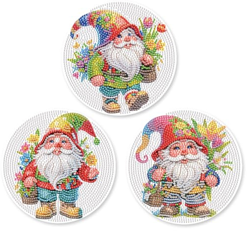 SHEGZHUC Juego de 3 manteles individuales de pintura de diamantes, 15 cm, diseño de gnomos, con alfombrilla antideslizante, para cuencos, ollas y sartenes