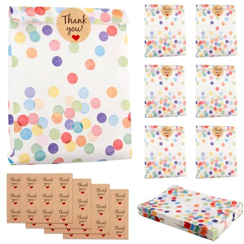 40 Stück Geschenktüten, Papiertüten Bunt mit 48 Aufkleber Mitgebsel Tüten Geschenktüten Kindergeburtstage Runde Punkte Papiertüten Goodie Bag für Hochzeit, Party, Kindergeburtstag