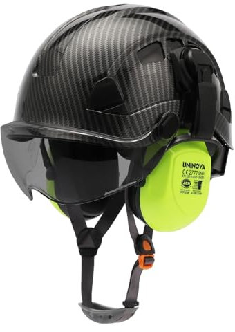 UNINOVA Casque d'arboriste pour tronçonneuse forestière avec protection faciale en maille et cache-oreilles Protection auditive, coupe de bois, tonte, escalade, jardin, travail OSHA (visière teintée