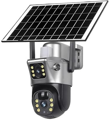VEKELETE Telecamera Solare con Scheda SIM 4G, Doppia Lente, for Esterni, 8 MP, 4K, Batteria a Basso consumo, IP, Visione Notturna PIR, Protezione di Sicurezza CCTV(4G Cam 64GB Card)