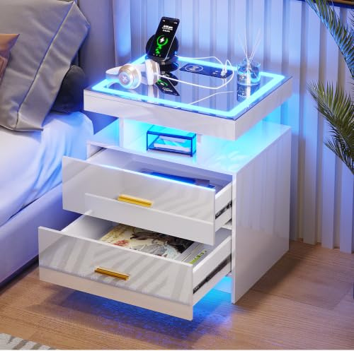 Gurexl LED Bedside Table with Glass Top and Wireless charging,White